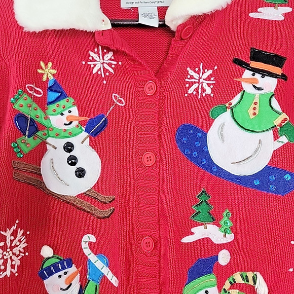 Tiara International Vintage Christmas Cardigan S Fur Trim Beaded Button Up Ugly - Picture 7 of 9